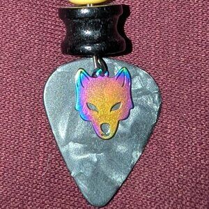 Men/Women Key Chain ONE OF A KIND, Upcycled Guitar Wire, Pick and Wolf Head